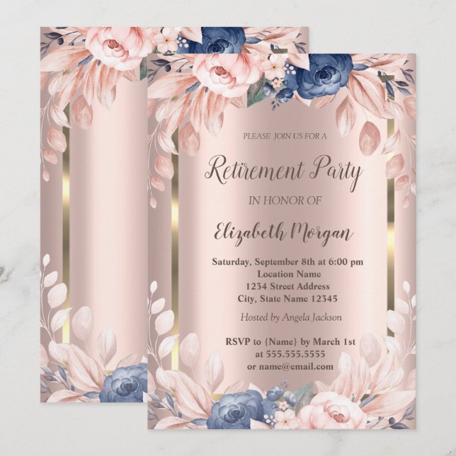 Gold Frame,Blue Flowers Rose Gold Retirement  Invitation (Front/Back)