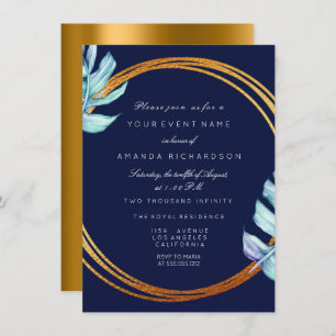 Gold Frame Blue Navy Monogram Tropical Bridal Wedd Invitation