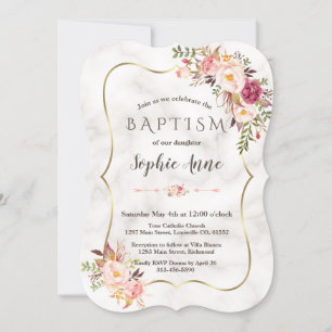 Gold Frame Blush Pink Floral Marble Baptism Invitation
