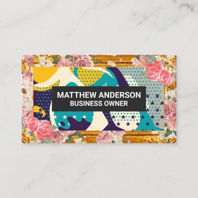 Gold Frame Border | Modern Art Flowers Business Card (Front)
