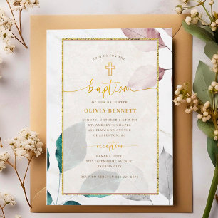 Gold Frame Botanical Flowery Baptism Invitation