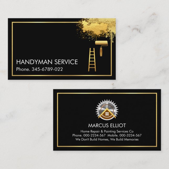 Gold Frame Brush Painting Gold Paint Splatter Business Card (Front/Back)