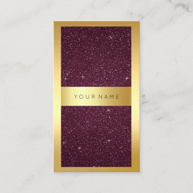 Gold Frame Burgundy Bordeaux Glitter Vertical Business Card (Front)