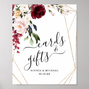Gold Frame Burgundy Floral Cards and Gifts Sign