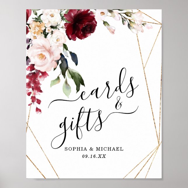 Gold Frame Burgundy Floral Cards and Gifts Sign (Front)