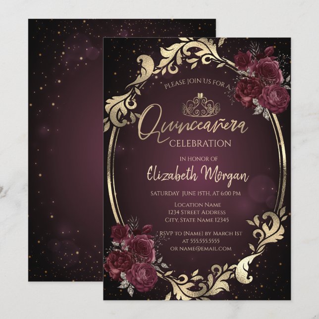Gold Frame Burgundy Roses Dark Quinceañera  Invitation (Front/Back)