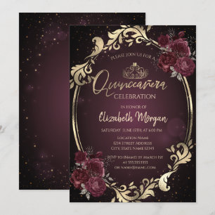 Gold Frame Burgundy Roses Dark Quinceañera  Invitation