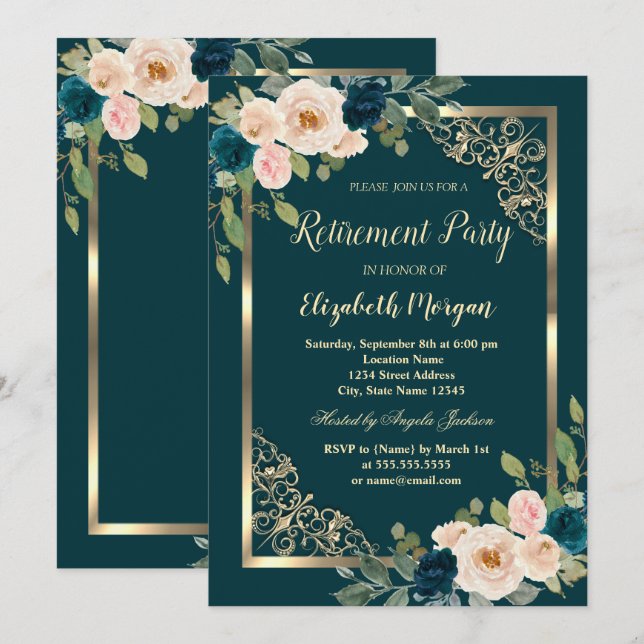 Gold Frame Burgundy Roses Green Retirement   Invitation (Front/Back)