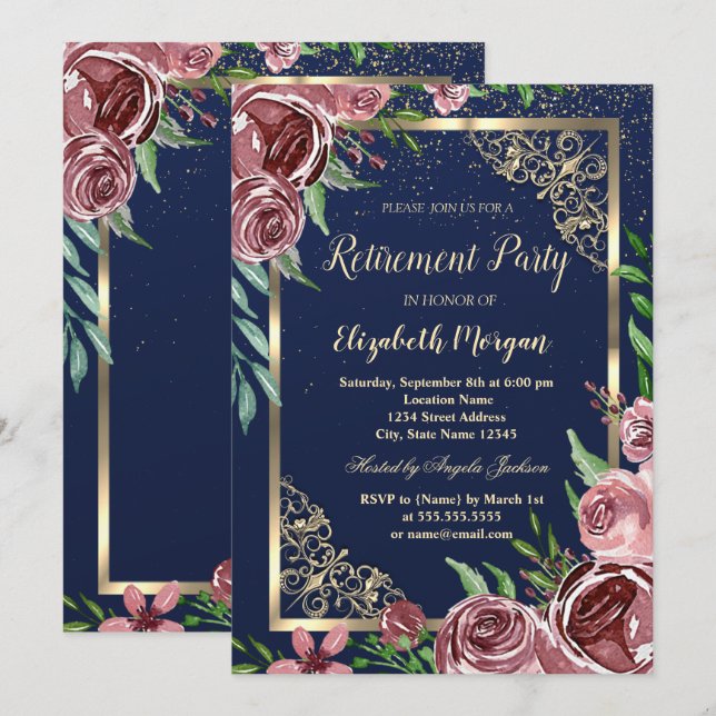 Gold Frame Burgundy Roses  Navy Blue Retirement  Invitation (Front/Back)