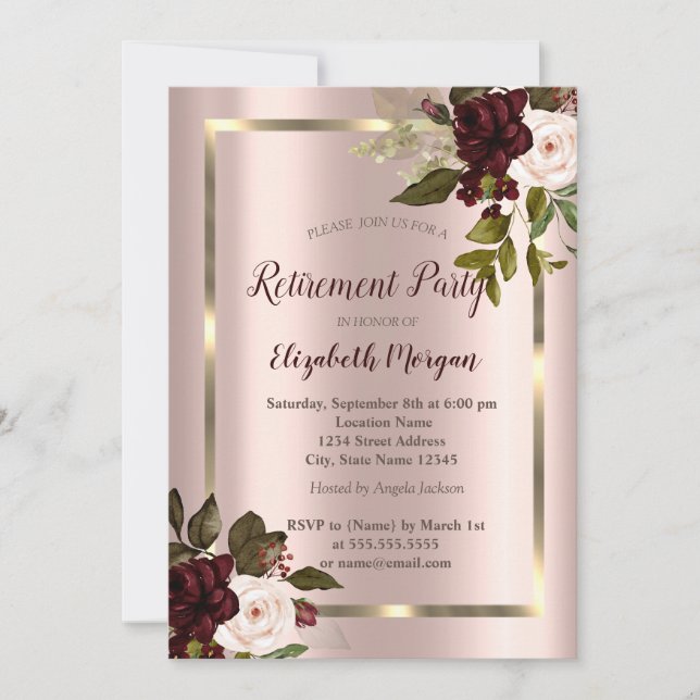 Gold Frame,Burgundy Roses,Rose Gold Retirement  Invitation (Front)