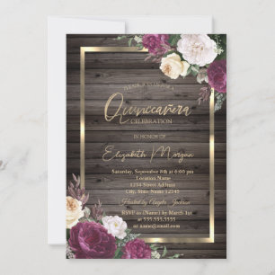 Gold Frame Burgundy Roses Wood Quinceañera Invitation