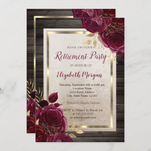 Gold Frame,Burgundy Roses Wood Retirement Invitation