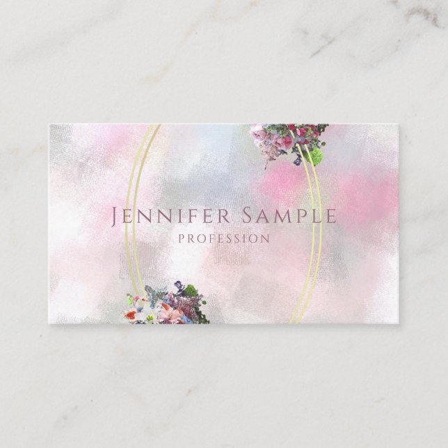 Gold Frame Chic Modern Abstract Watercolor Flowers Business Card (Front)
