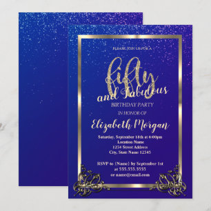 Gold Frame Confetti Blue 50th Birthday Party Invitation