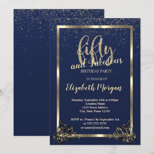 Gold Frame Confetti Navy Blue 50th Birthday Party Invitation