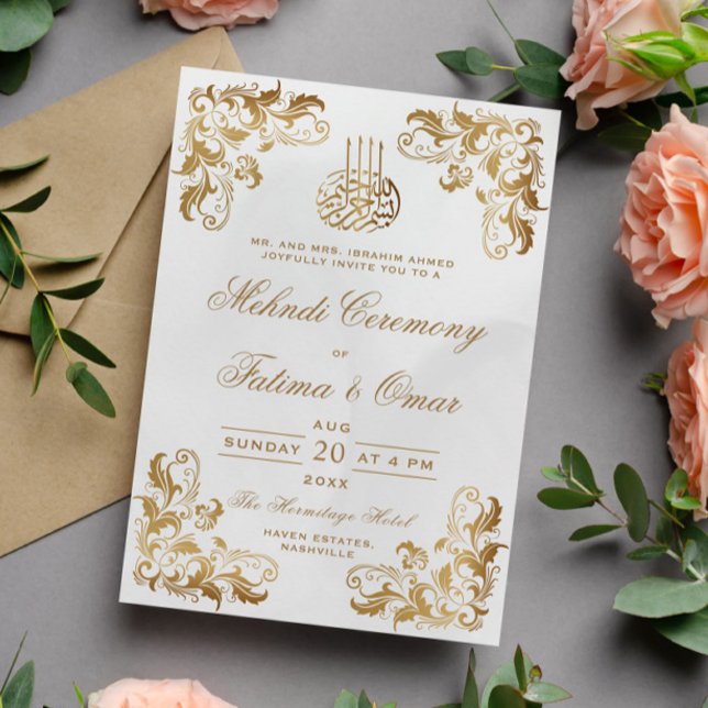 Gold Frame Cream Muslim Islamic Mehndi Ceremony Invitation (Creator Uploaded)