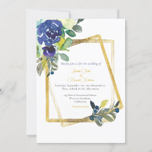 Gold Frame Dark Blue & Yellow Floral White Invitat Invitation