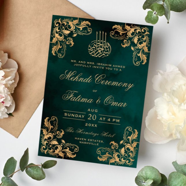 Gold Frame Dark Green Islamic Mehndi Ceremony Invitation (Creator Uploaded)