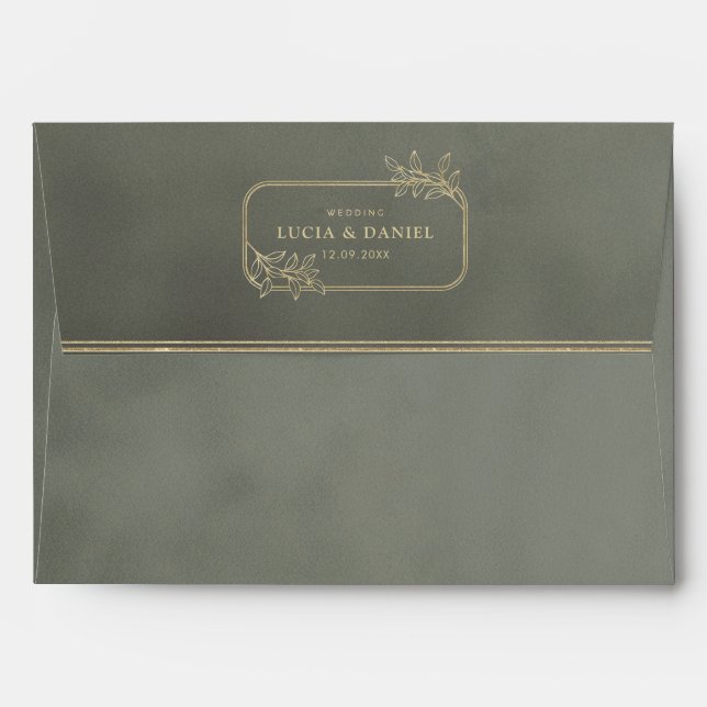Gold Frame Dark Sage Green Velvet Wedding Envelope (Back (Top Flap))