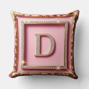 Gold Frame Diamond Initial D Pink Glitter Monogram Cushion