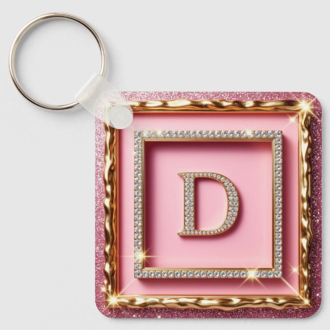 Gold Frame Diamond Initial D Pink Glitter Monogram Key Ring (Front)