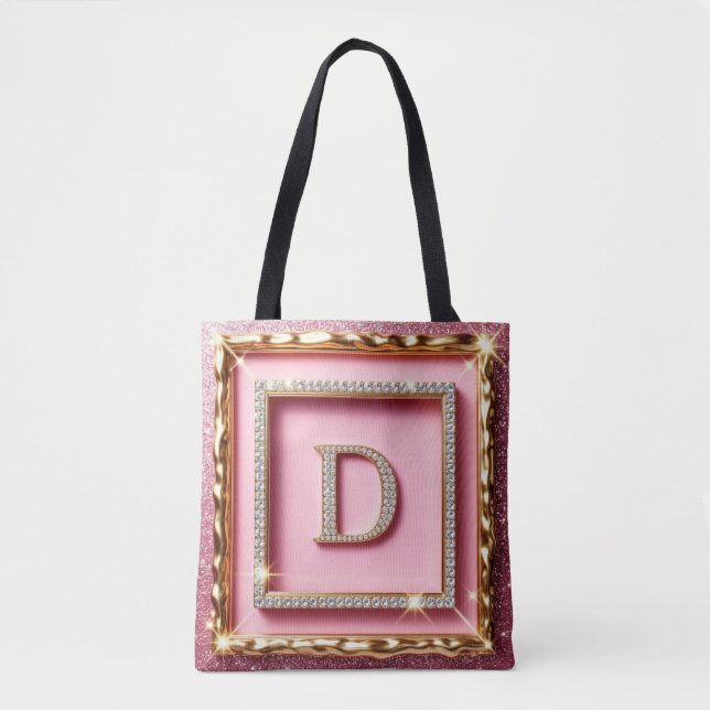 Gold Frame Diamond Initial D Pink Glitter Monogram Tote Bag (Front)