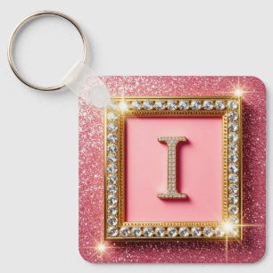 Gold Frame Diamond Initial I Pink Glitter Monogram Key Ring