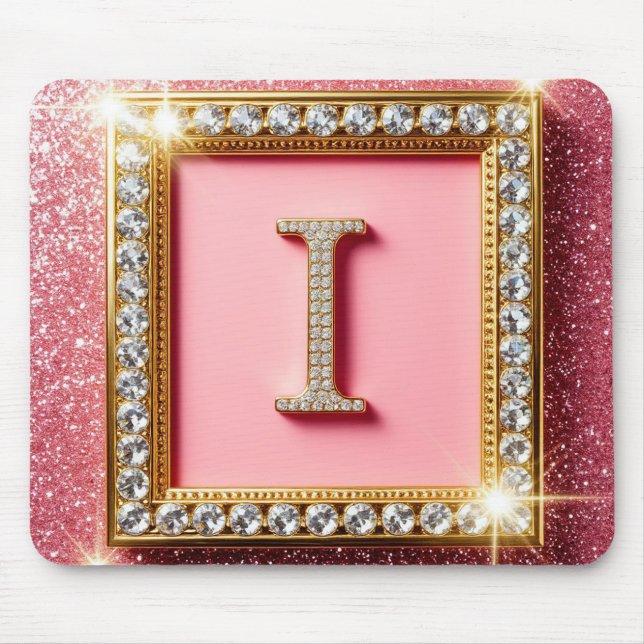 Gold Frame Diamond Initial I Pink Glitter Monogram Mouse Mat (Front)