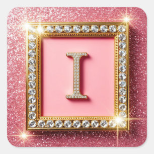Gold Frame Diamond Initial I Pink Glitter Monogram Square Sticker