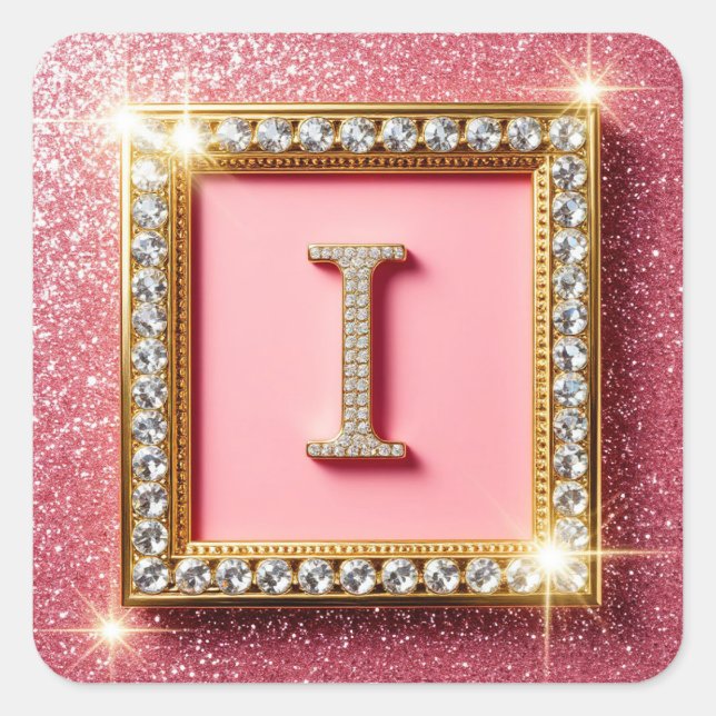 Gold Frame Diamond Initial I Pink Glitter Monogram Square Sticker (Front)