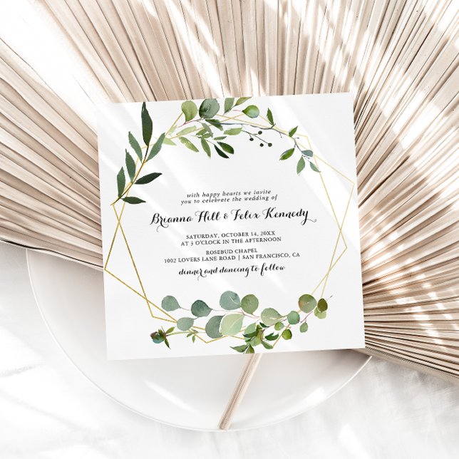 Gold Frame Eucalyptus Calligraphy Square Wedding Invitation (Creator Uploaded)