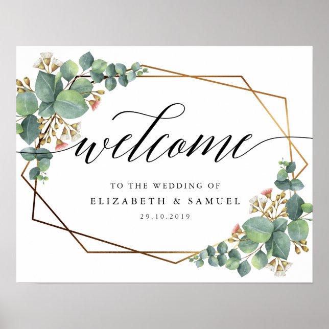 Gold Frame Eucalyptus Welcome to the wedding sign (Front)
