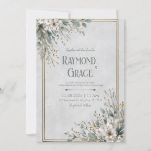 Gold Frame Eucalyptus White Blossom Wedding Invitation