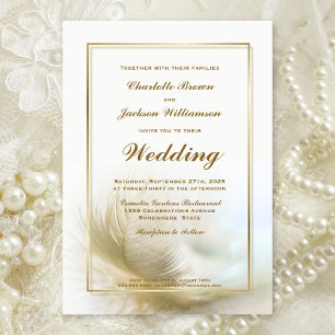 Gold Frame Feather Wedding Invitation with RSVP