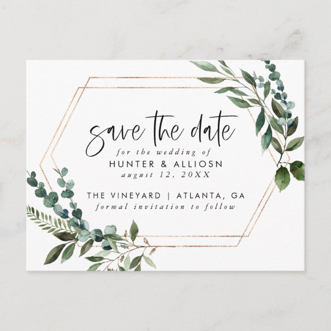 Gold Frame Floral Save the Date Postcard (Front)