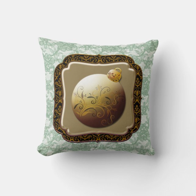 Gold Frame Glass Ornament Green Floral Faux Lace Cushion (Front)