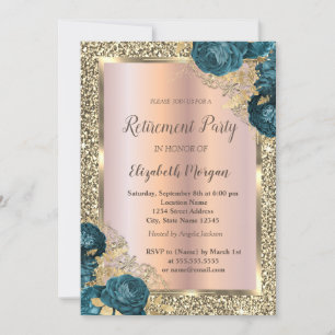 Gold Frame,Glitter Green Flowers Retirement Invitation