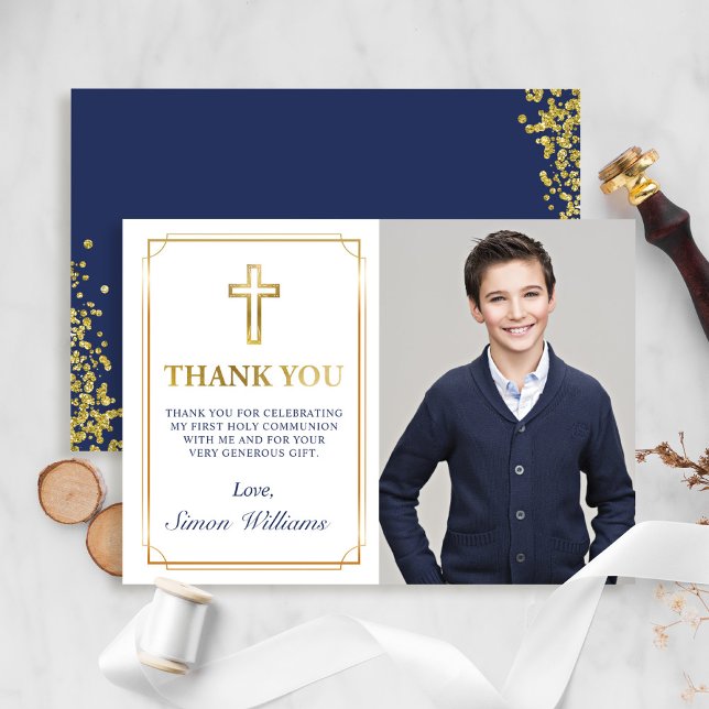 Gold Frame Glitter Navy Blue Communion Photo Thank You Card (Creator Uploaded)