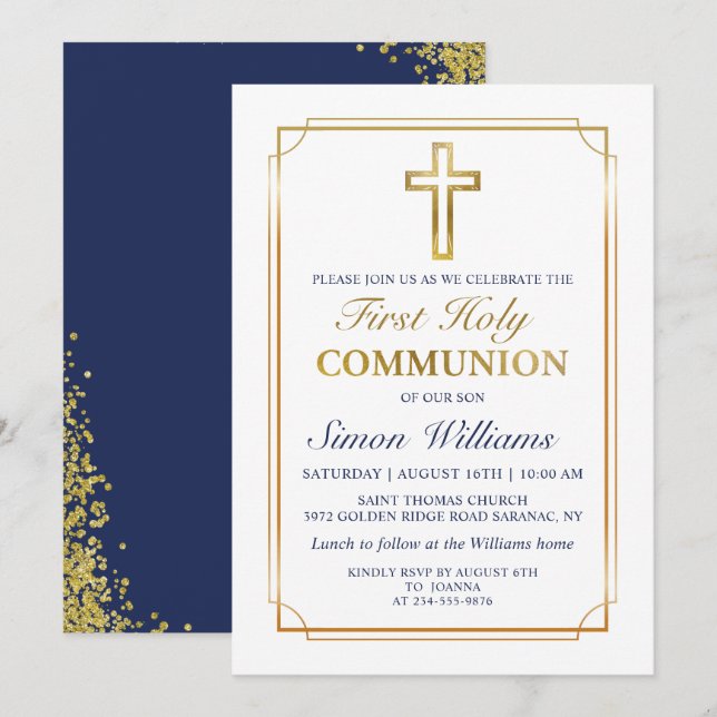 Gold Frame Glitter Navy Blue First Holy Communion Invitation (Front/Back)