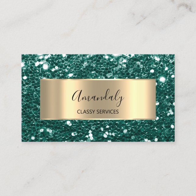 Gold Frame Glitter QR Code Logo Woodland Green  Bu Business Card (Front)