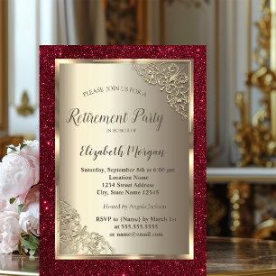  Gold Frame,Gold,Red Glitter Retirement  Invitation