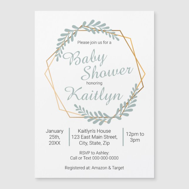 Gold Frame Greenery Baby Shower Magnetic Invitation (Front)
