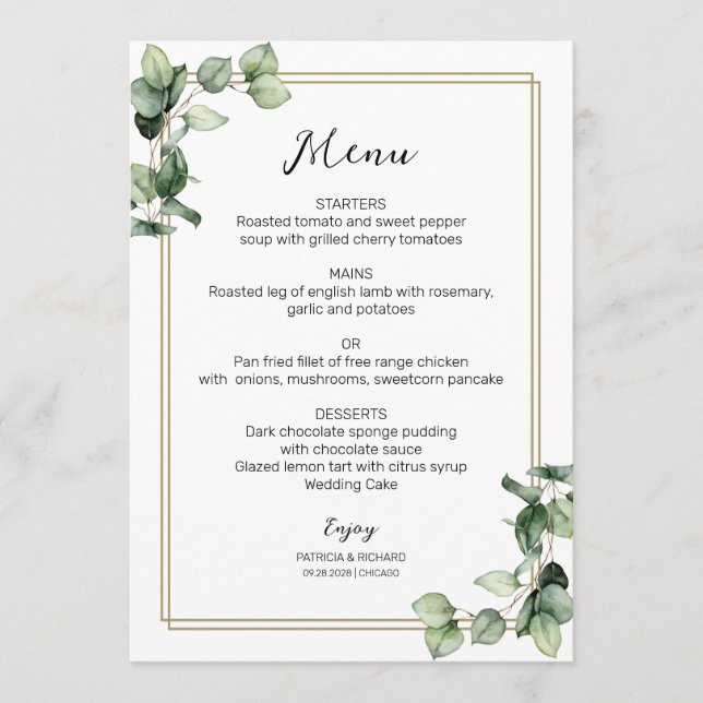 Gold Frame Greenery Elegant Wedding Menu Card (Front)