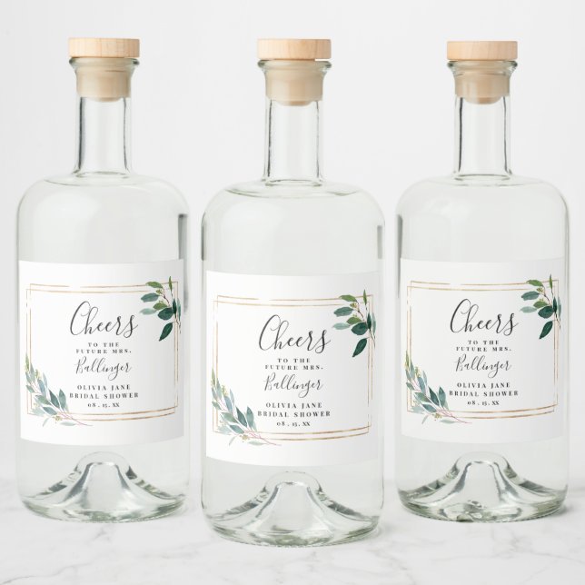 Gold Frame Greenery Eucalyptus Leaves  Liquor Bottle Label (Bottles)