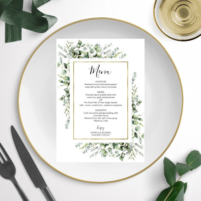 Gold Frame Greenery Eucalyptus Wedding Menu Cards (Creator Uploaded)