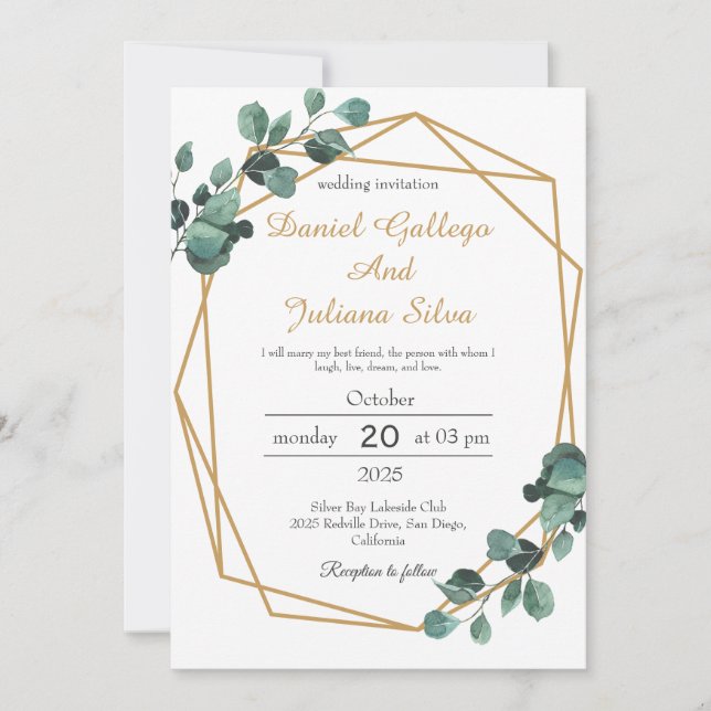 Gold Frame Greenery Geometric Wedding Invitation (Front)