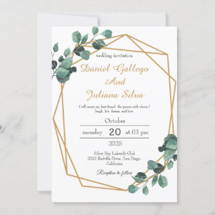 Gold Frame Greenery Geometric Wedding Invitation