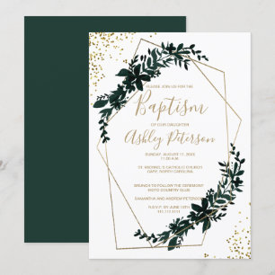 Gold frame greenery modern chic typography baptism invitation