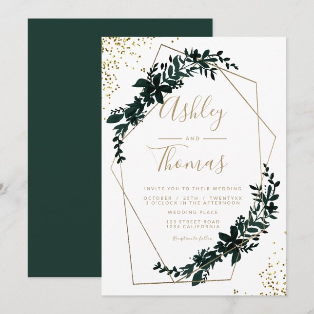 Gold frame greenery modern chic typography wedding invitation (Front/Back)