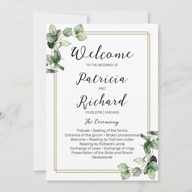 Gold Frame Greenery Wedding Ceremony Program Invitation (Front)